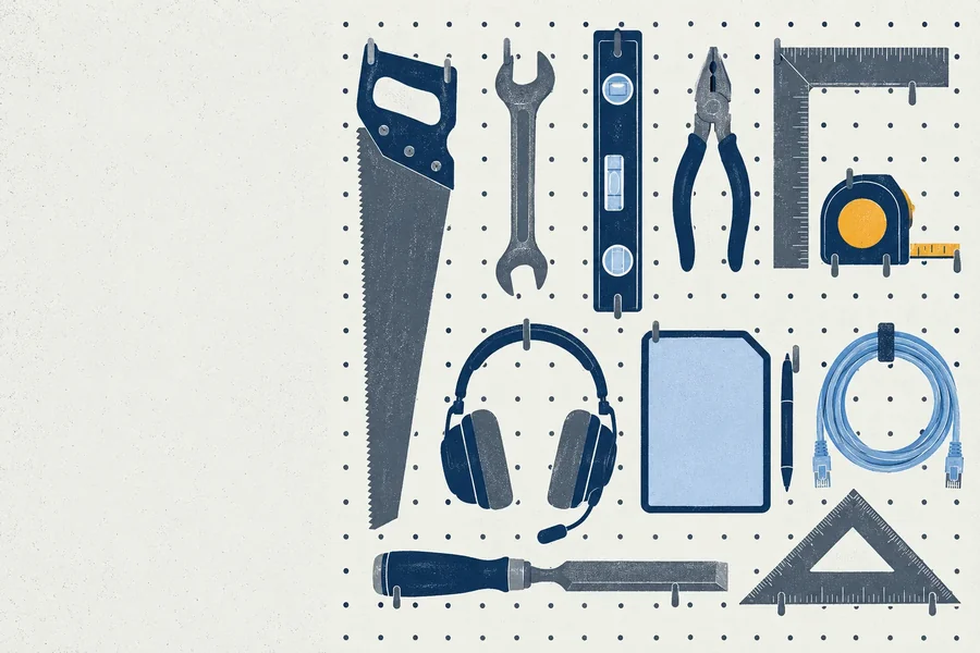 A pegboard holding hand tools, a tablet, a headset, and a cable.